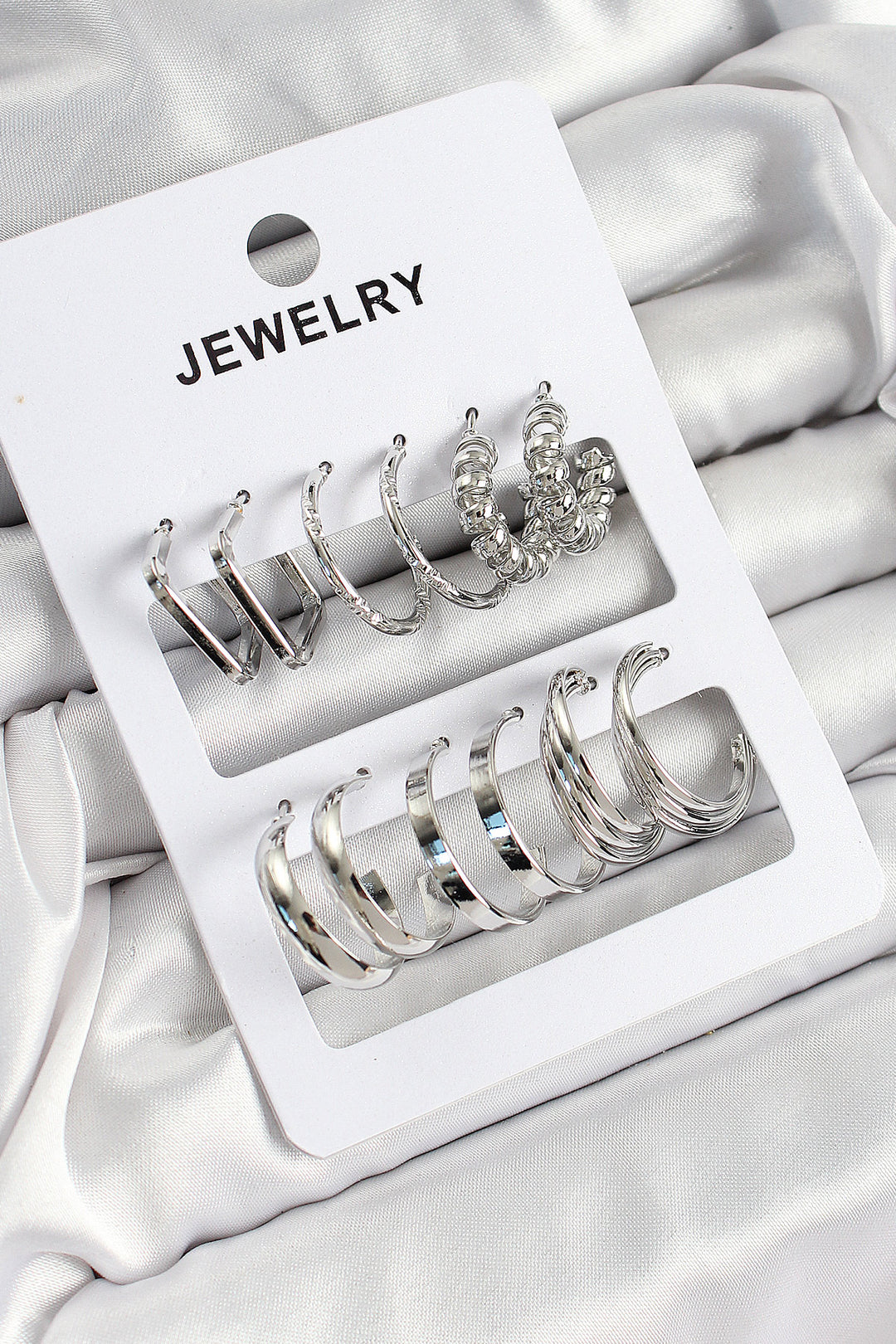 EBJ Rice Mixed Circle Model Silver Color 6 Pairs Women's Earring Set - Roman