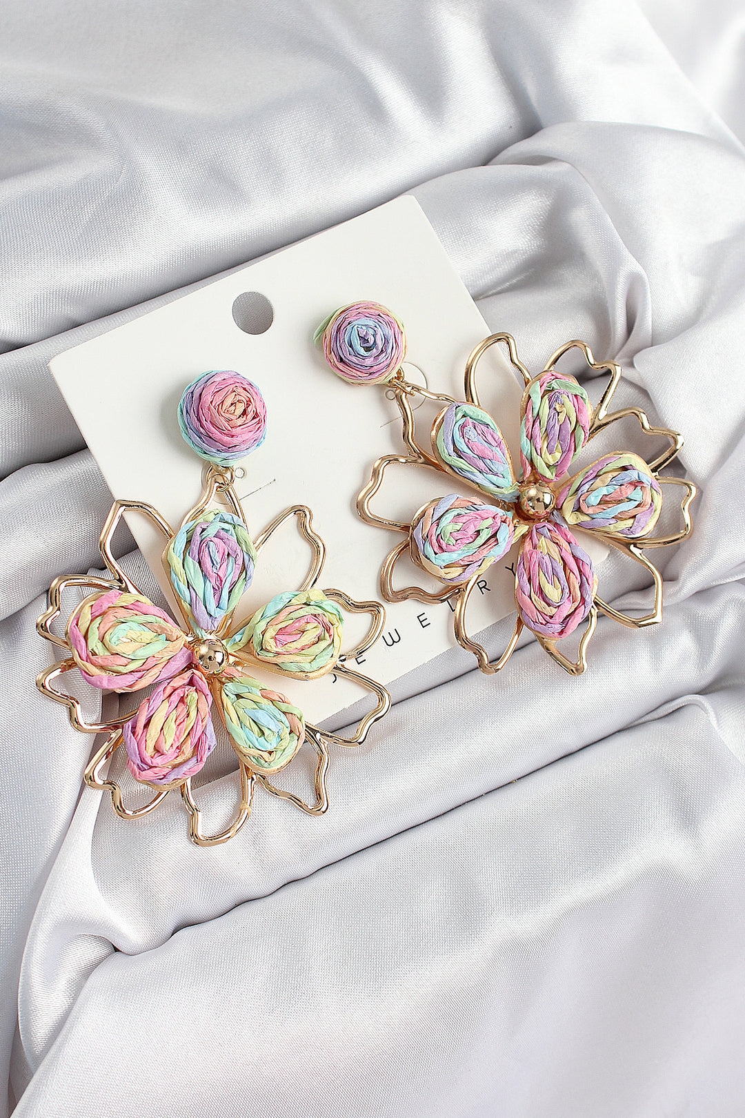 EBJ Rice Rainbow Flower Pattern Gold Color Women's Straw Earrings - Aulnay-sous-Bois