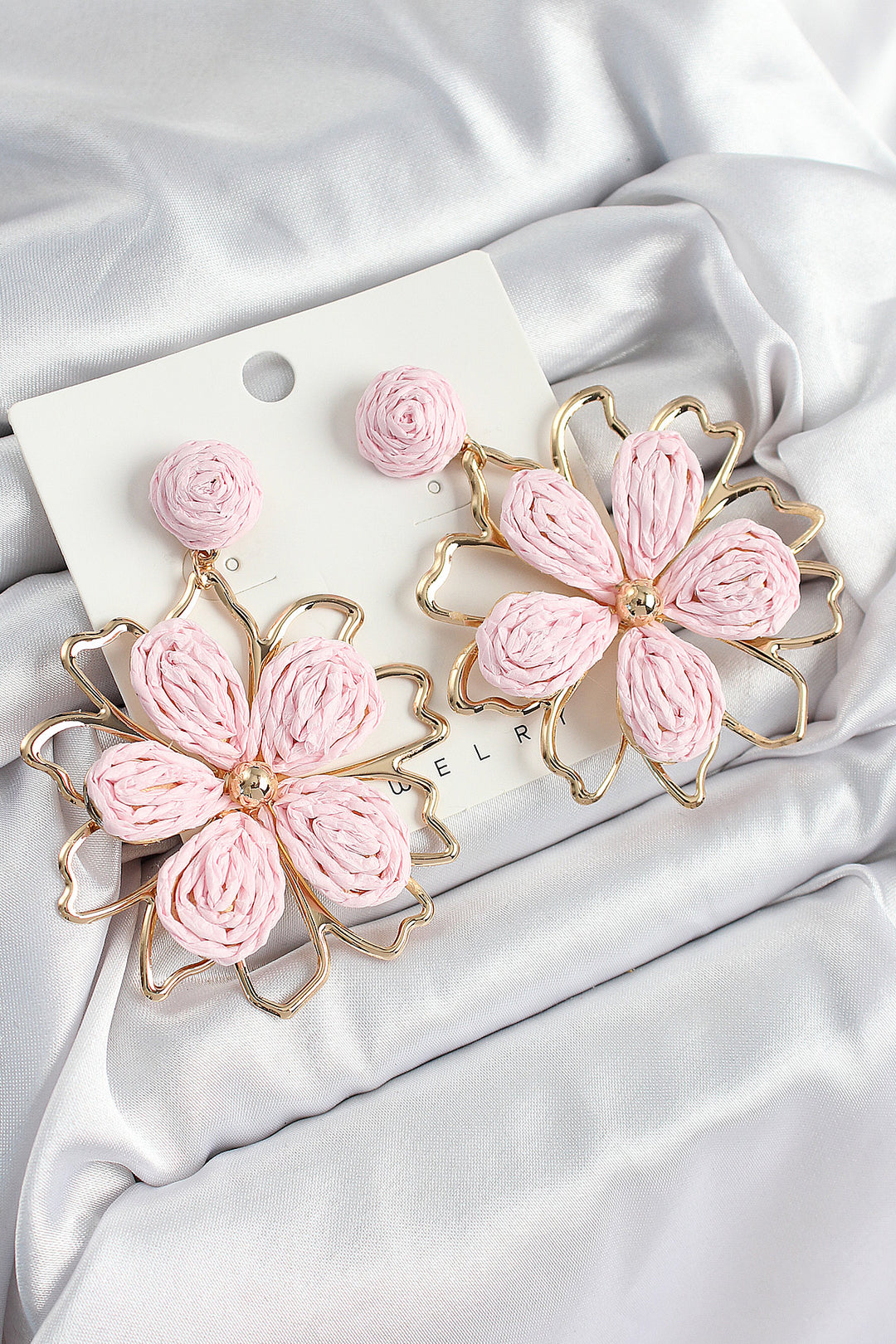 EBJ Rice Pink Flower Pattern Gold Color Women's Straw Earrings - Mazara del Vallo