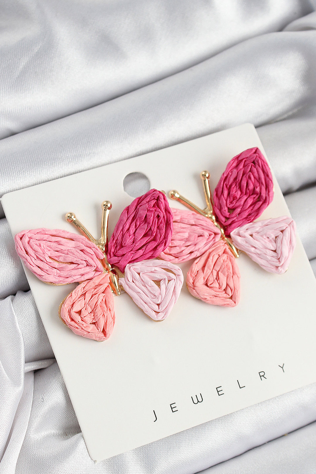 EBJ Rice Pink Butterfly Model Gold Color Women's Straw Earrings - Peoria