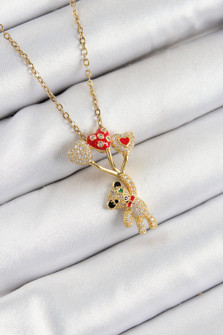 EBJ 316L Steel Flying Balloon Teddy Bear Model Gold Color Women's Necklace with Zircon Stone - Alafaya