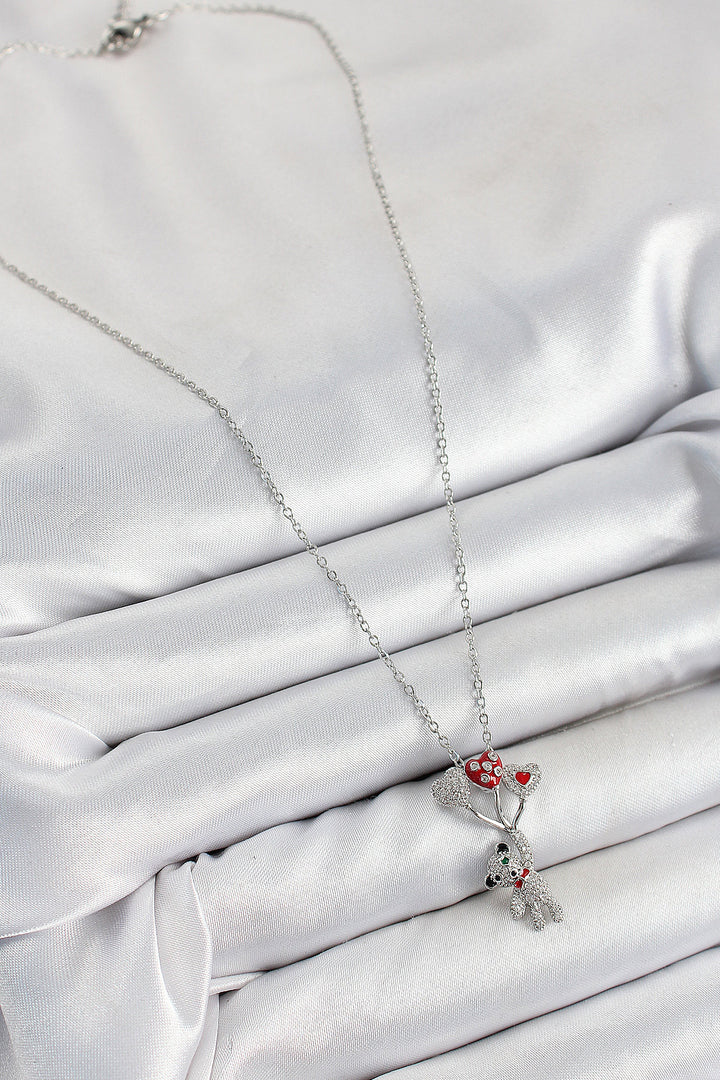 EBJ 316L Steel Flying Balloon Teddy Bear Model Silver Color Women's Necklace with Zircon Stone - Formia