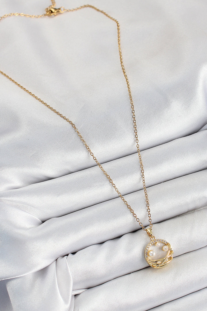 EBJ 316L Steel Zircon Stone Detailed Ring Model Gold Color Women's Necklace - Beverly