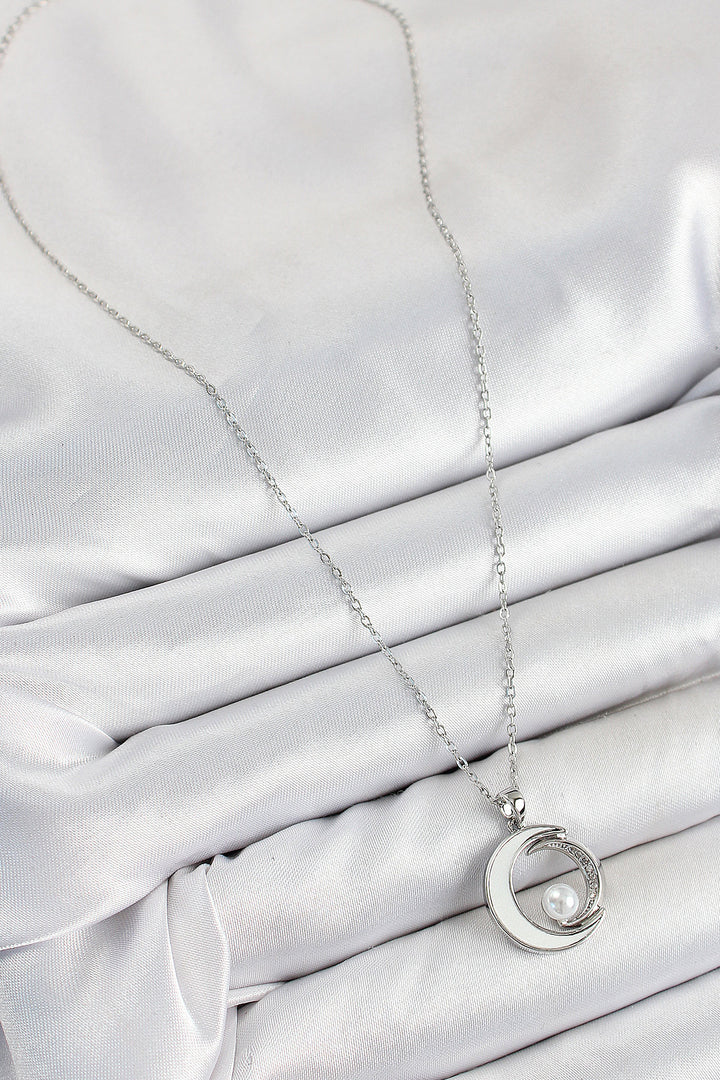 EBJ 316L Stainless Steel Crescent Moon Model Necklace with Zircon Stone and Pearl Detail Silver Color Women's Necklace - Bietigheim-Bissingen