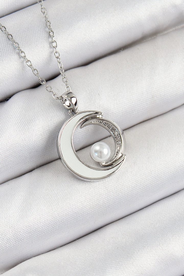 EBJ 316L Stainless Steel Crescent Moon Model Necklace with Zircon Stone and Pearl Detail Silver Color Women's Necklace - Bietigheim-Bissingen
