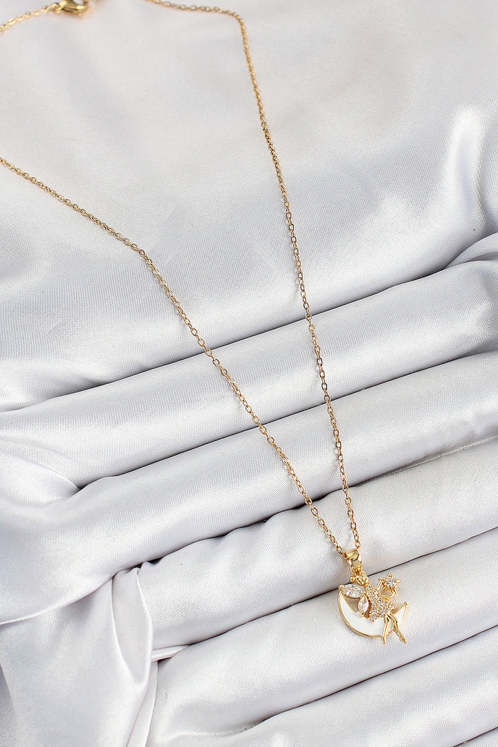 EBJ 316L Stainless Steel Crescent Angel Model Necklace with Zircon Stone Gold Color for Women - Rio de Mouro