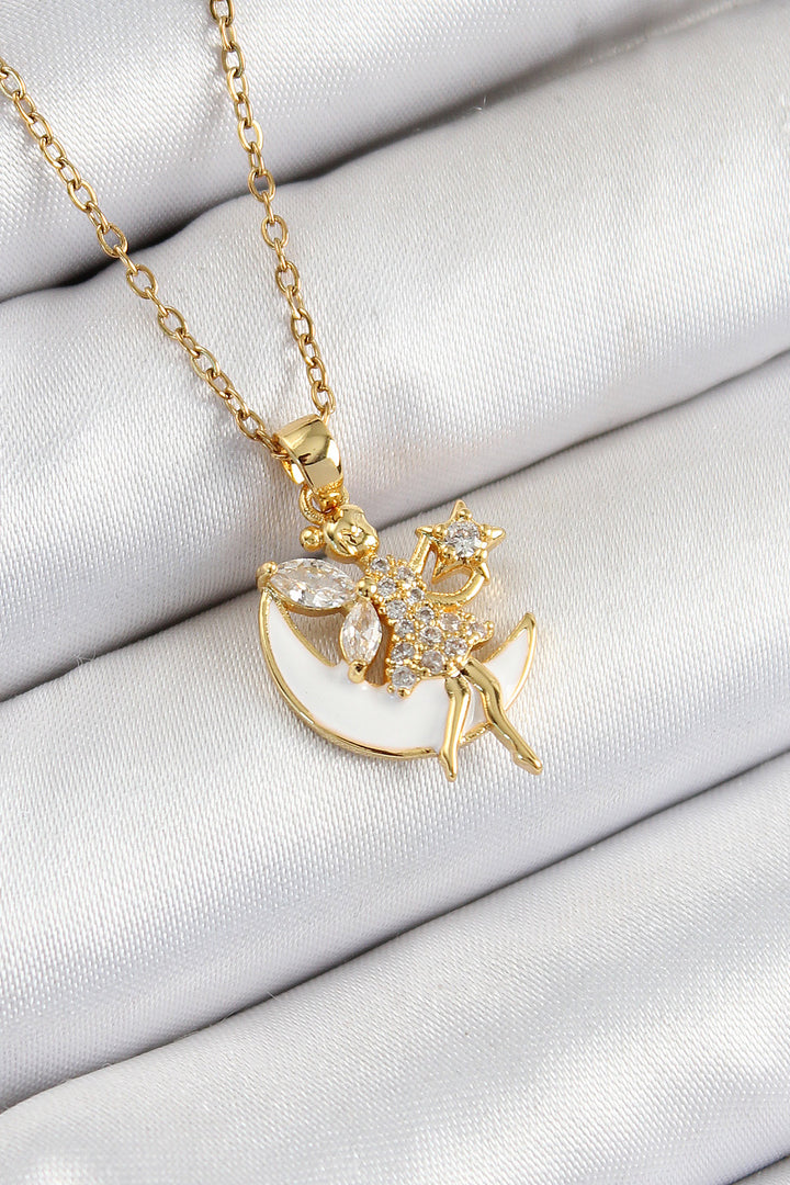 EBJ 316L Stainless Steel Crescent Angel Model Necklace with Zircon Stone Gold Color for Women - Rio de Mouro