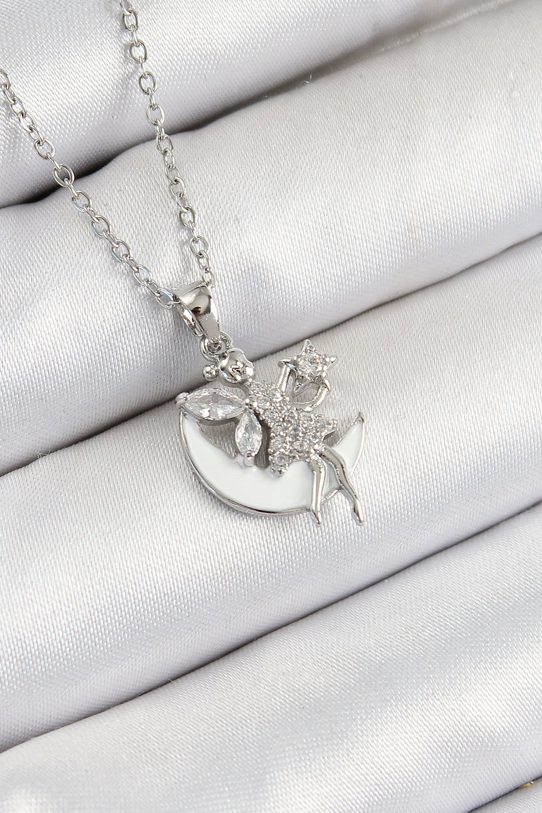 EBJ 316L Stainless Steel Crescent Angel Model Silver Color Women's Necklace with Zircon Stone - Hurst