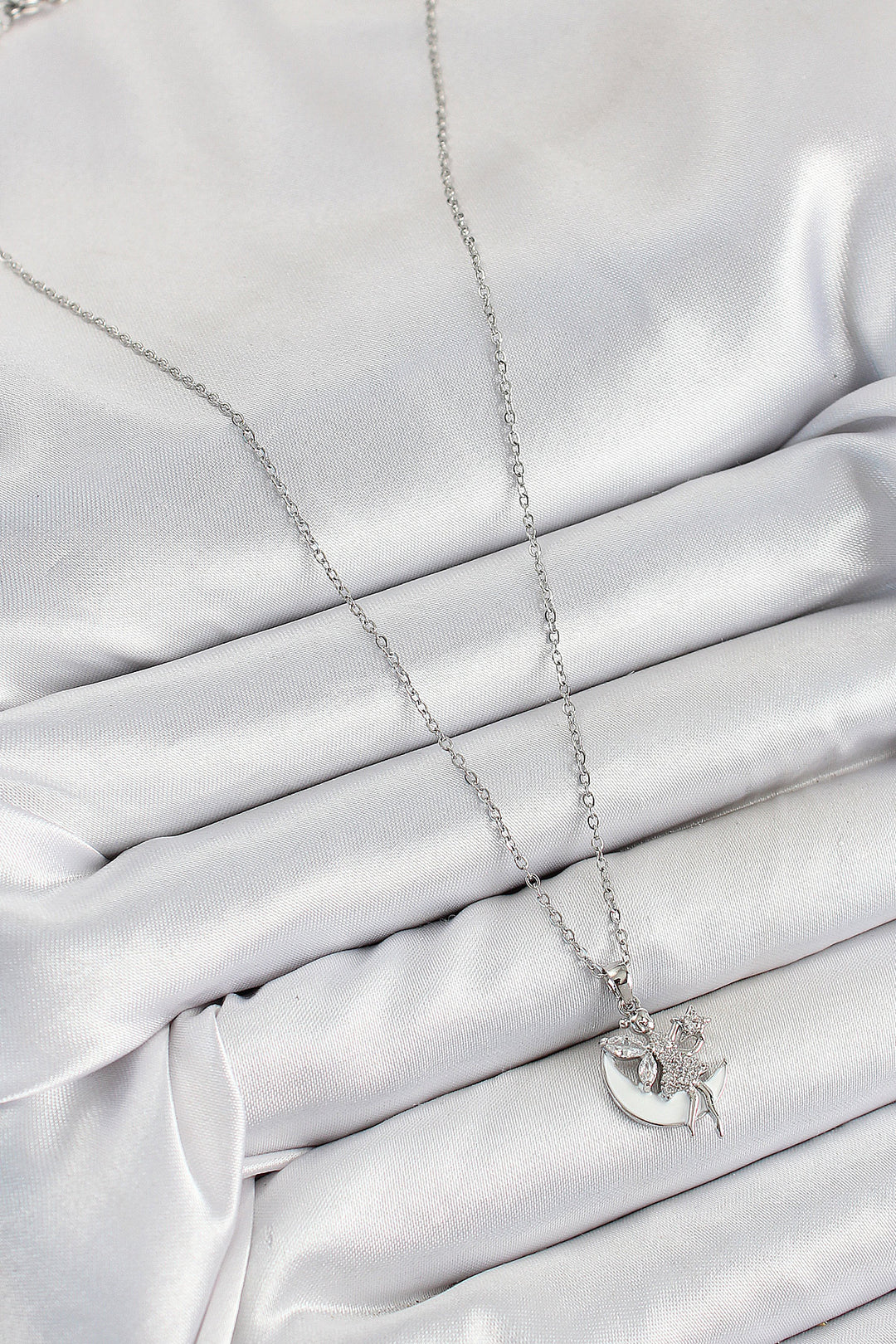 EBJ 316L Stainless Steel Crescent Angel Model Silver Color Women's Necklace with Zircon Stone - Hurst