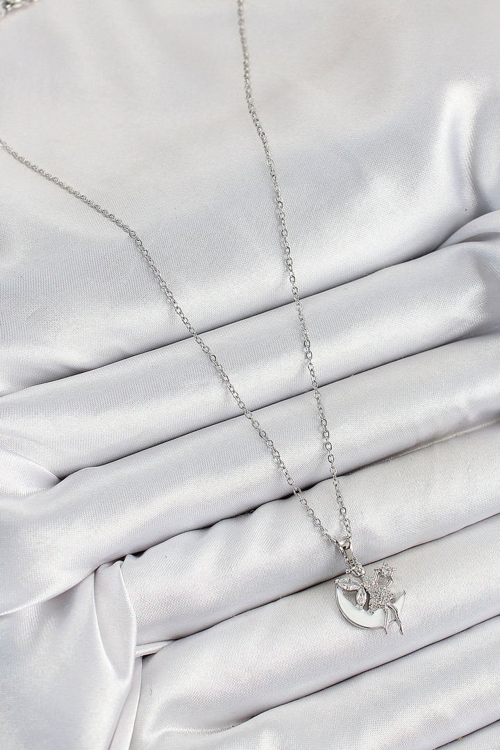 EBJ 316L Stainless Steel Crescent Angel Model Silver Color Women's Necklace with Zircon Stone - Hurst