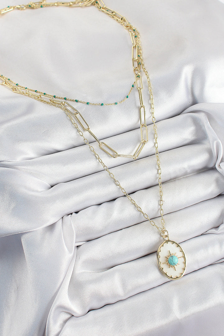 EBJ Rice Multi-Chain Blue Beaded Compass Model Gold Color Women's Necklace - Titusville