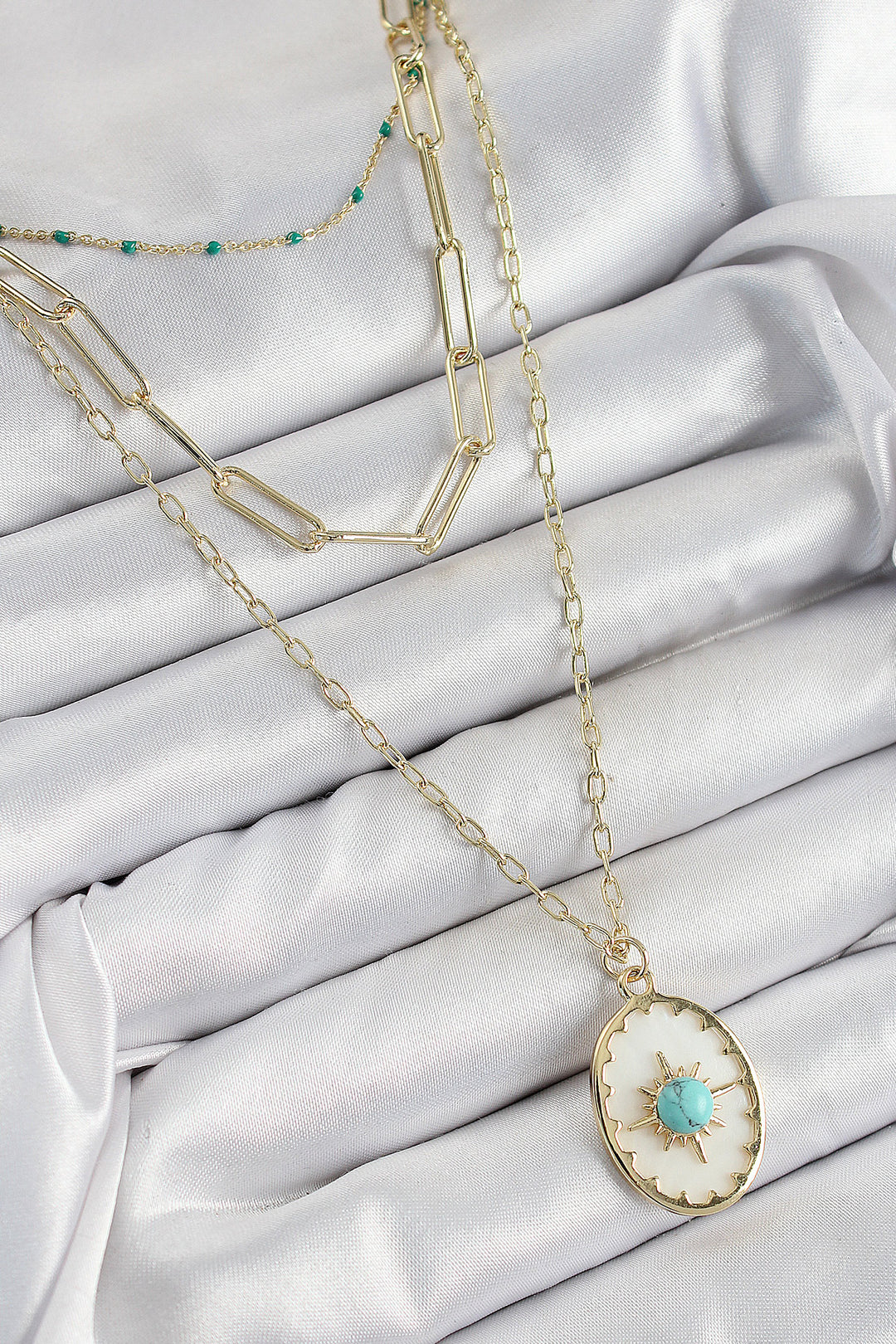 EBJ Rice Multi-Chain Blue Beaded Compass Model Gold Color Women's Necklace - Titusville