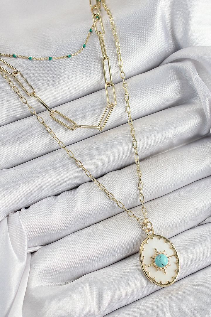 EBJ Rice Multi-Chain Blue Beaded Compass Model Gold Color Women's Necklace - Titusville