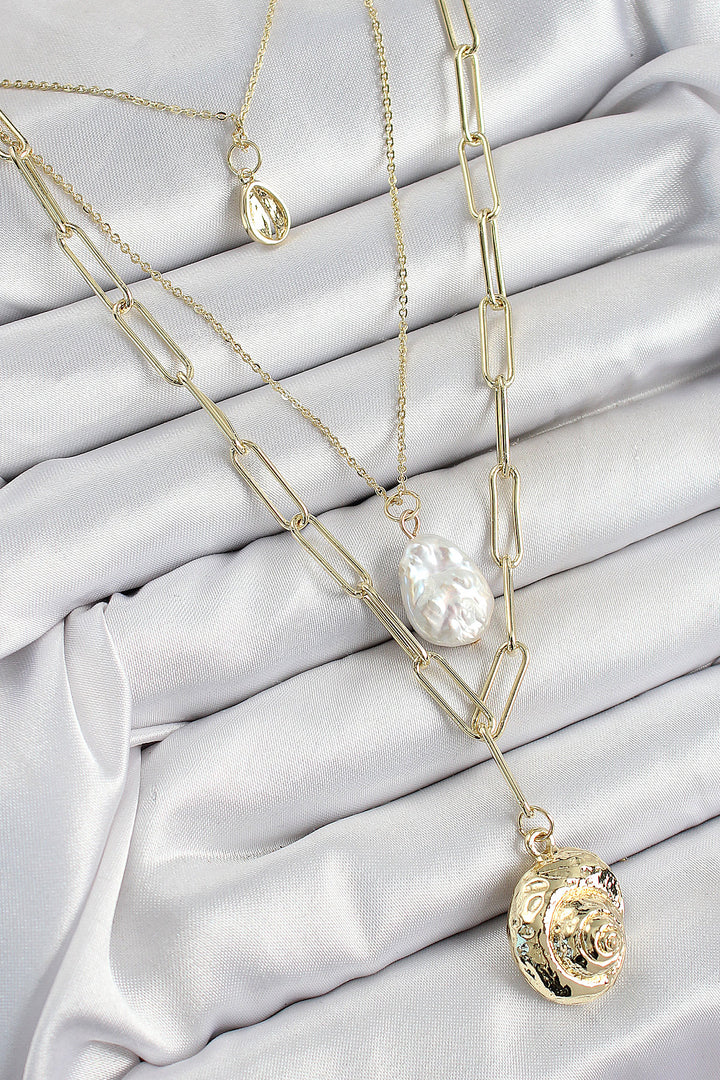 EBJ Rice Multi-Chain Pearl Seashell Pattern Gold Color Women's Necklace - Grande Prairie