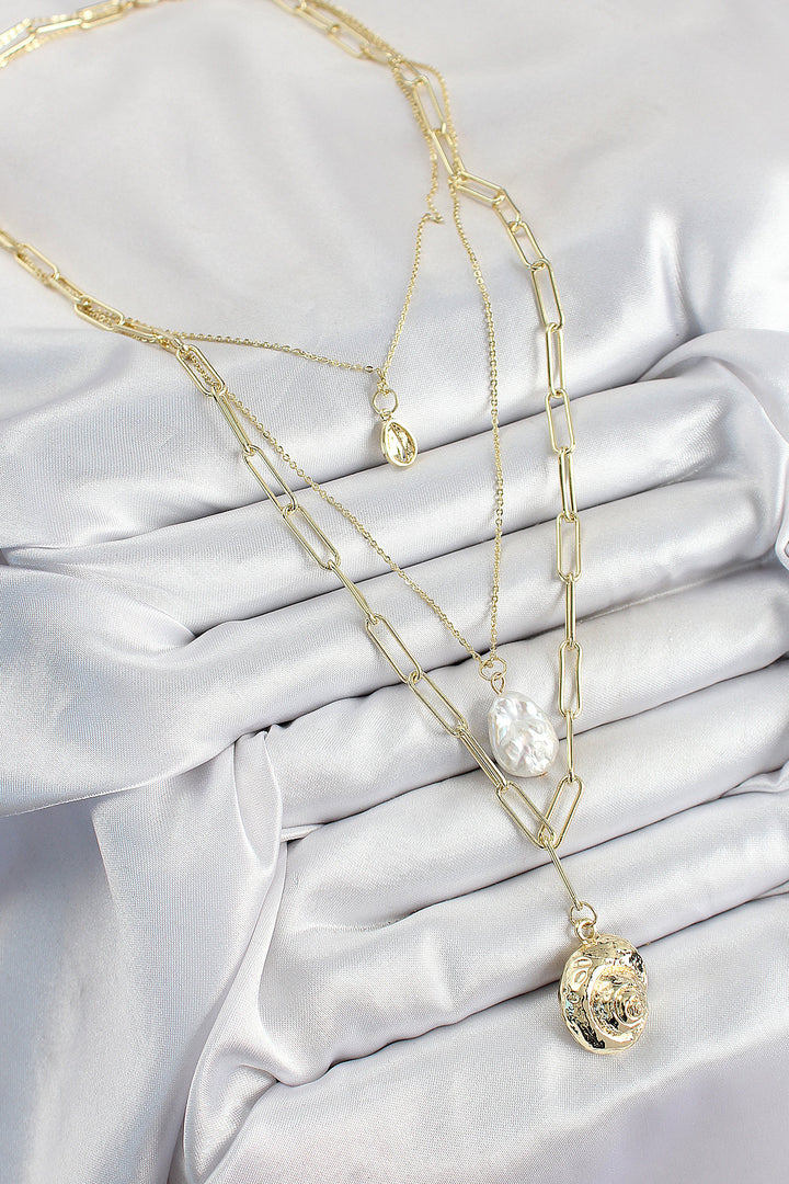 EBJ Rice Multi-Chain Pearl Seashell Pattern Gold Color Women's Necklace - Grande Prairie