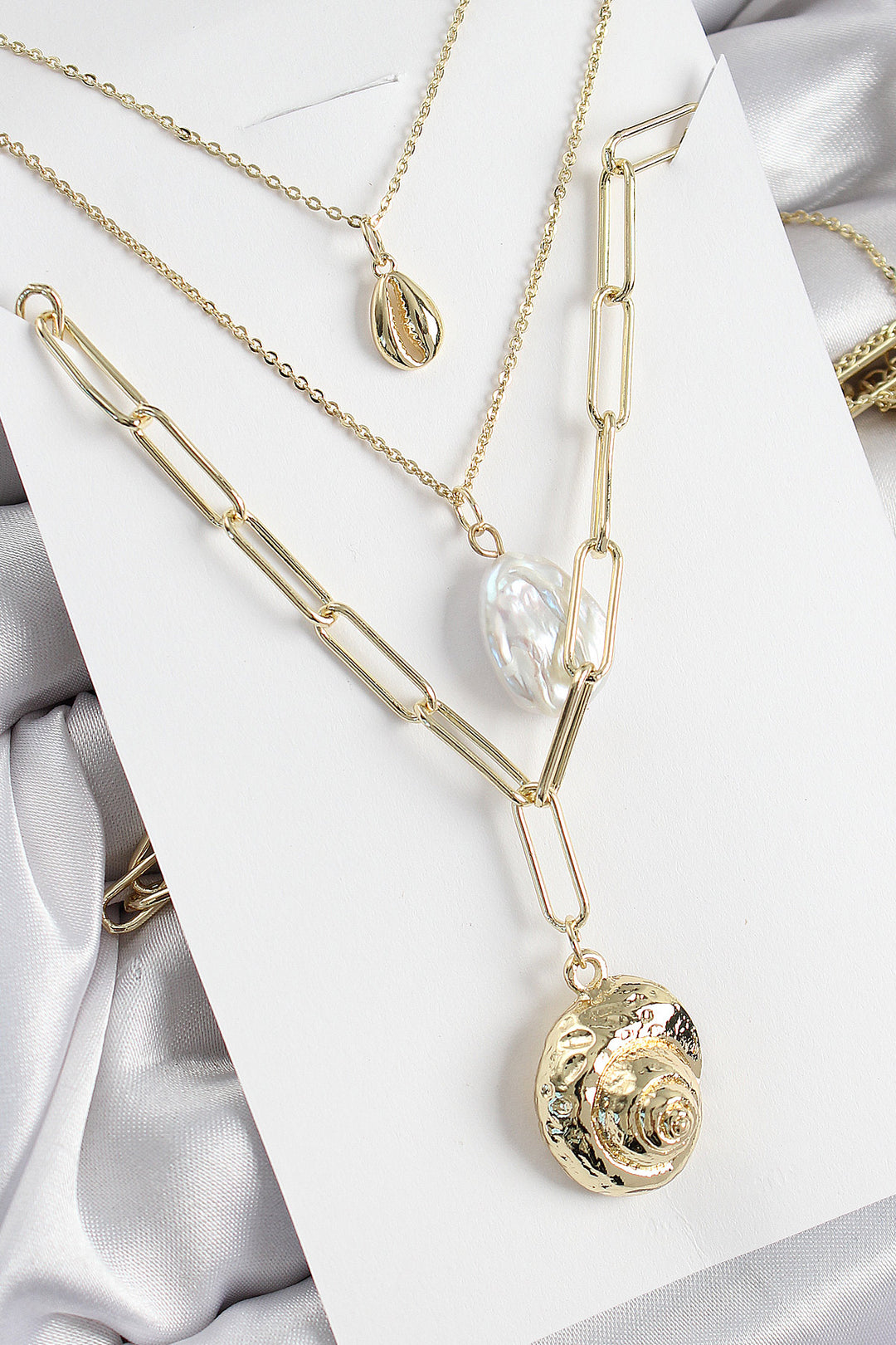 EBJ Rice Multi-Chain Pearl Seashell Pattern Gold Color Women's Necklace - Grande Prairie