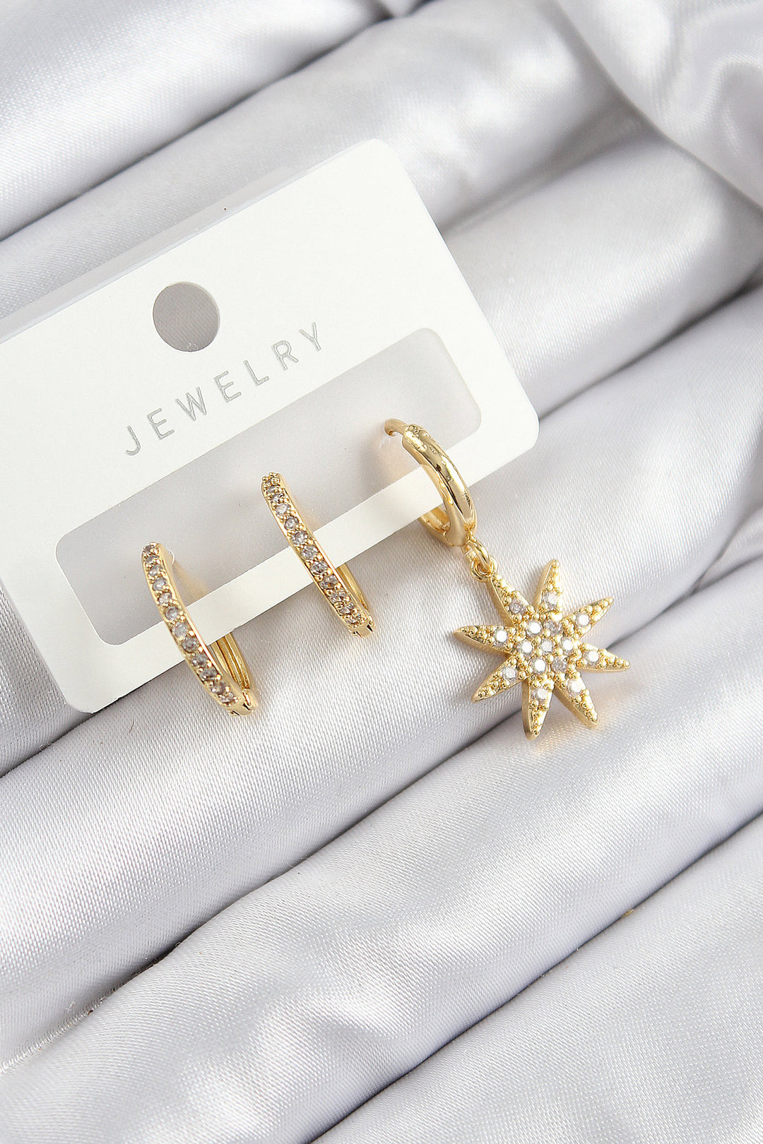 EBJ Polar Star Model Gold Color 3-Piece Set Women's Earrings with Rice Zircon Stone - Woking