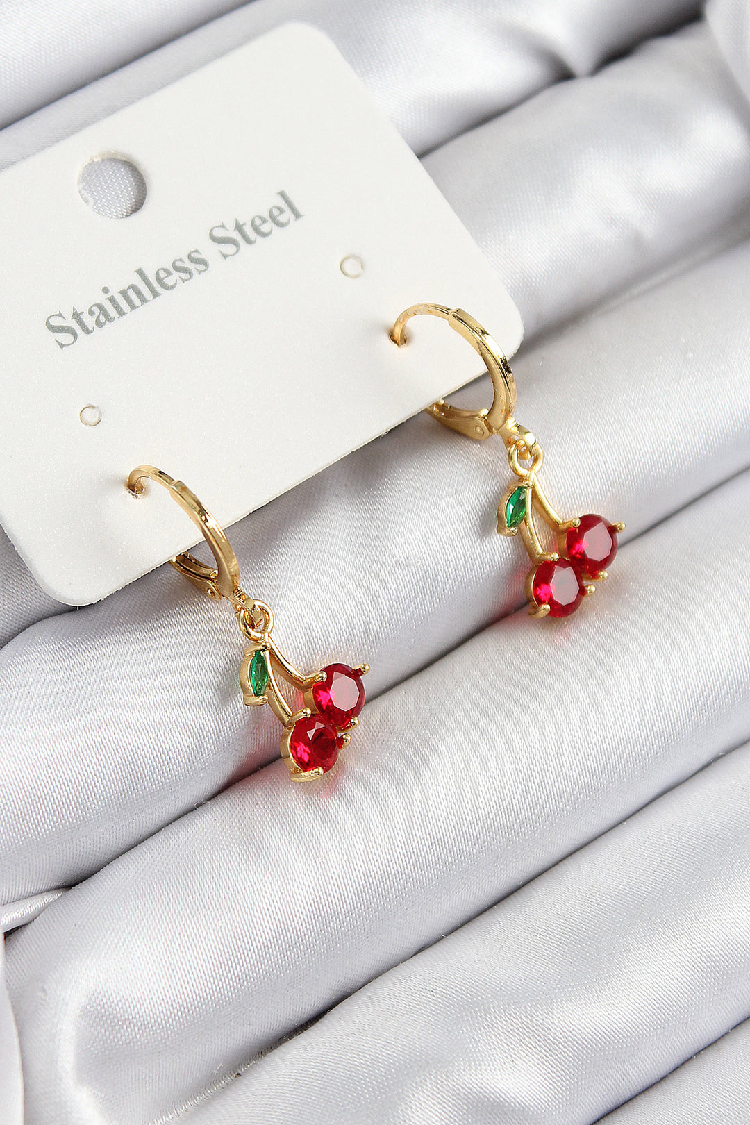 EBJ 316L Stainless Steel Dangling Cherry Model Earrings with Zircon Stone in Gold Color for Women - Évreux