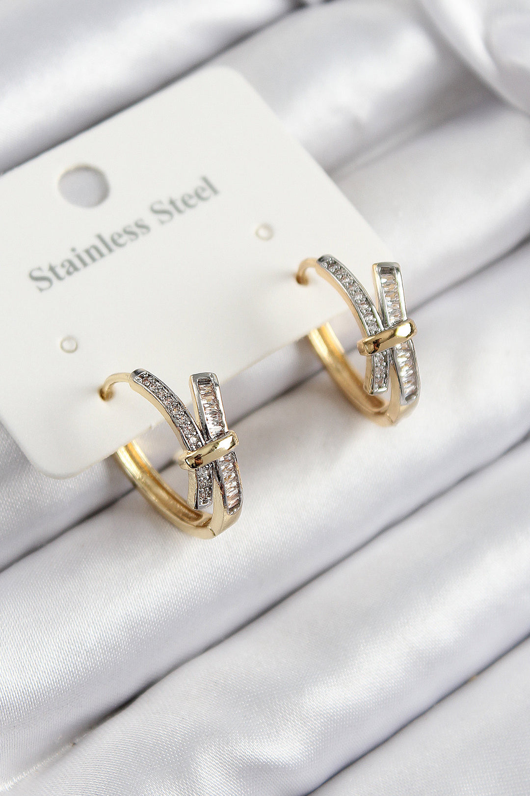 EBJ 316L Stainless Steel Knot Ring Model Earrings with Zircon Stone in Gold and Silver Colors for Women - Los Mochis