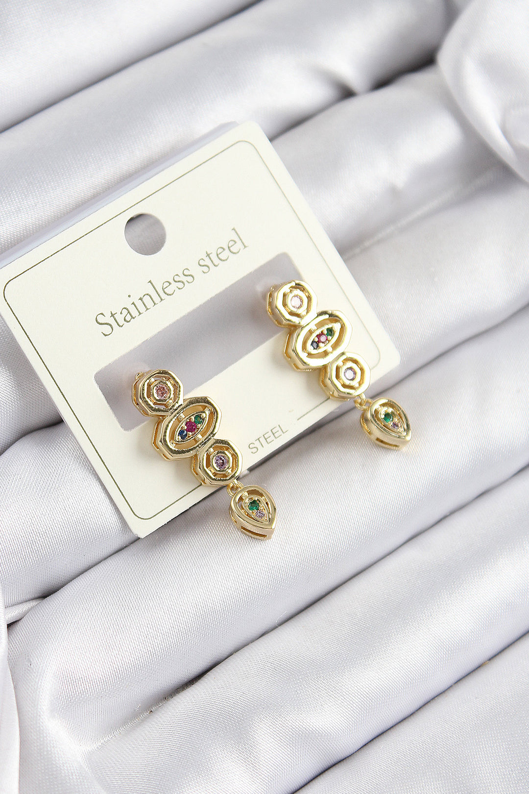 EBJ 316L Stainless Steel Dangle Earrings with Zircon Stone Geometric Design in Gold Color for Women - Beloeil