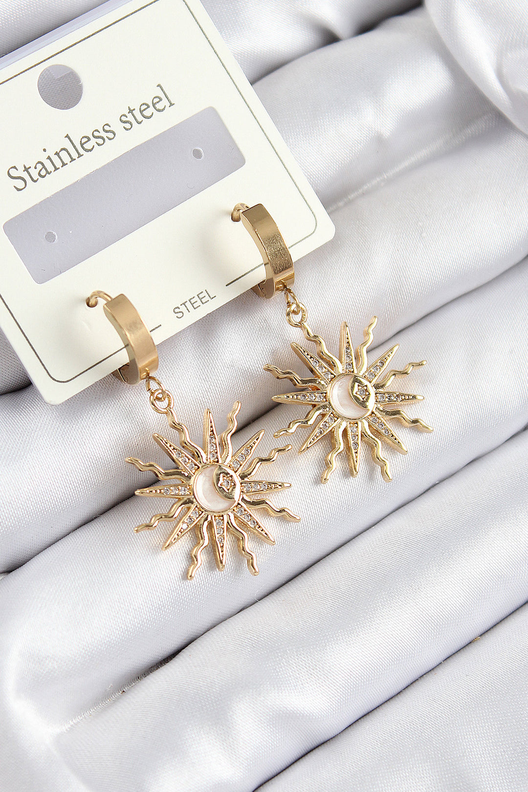 EBJ 316L Stainless Steel Dangle Earrings with Zircon Stone Sun Design in Gold Color for Women - Macuspana