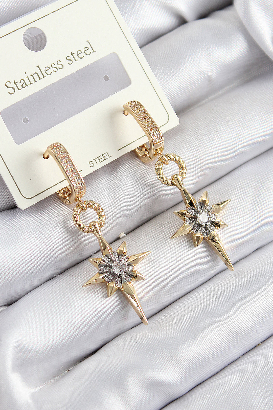 EBJ 316L Stainless Steel Zircon Stone Dangling North Star Model Gold and Silver Color Women's Earrings - Madison