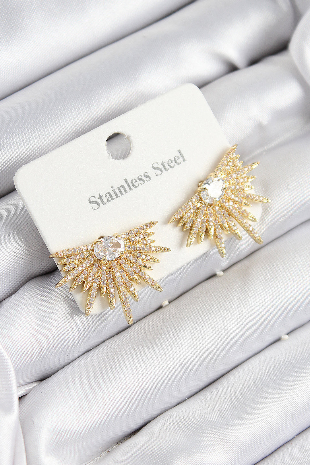 EBJ 316L Stainless Steel Fan Model Earrings with Zircon Stone in Gold Color for Women - Merseburg