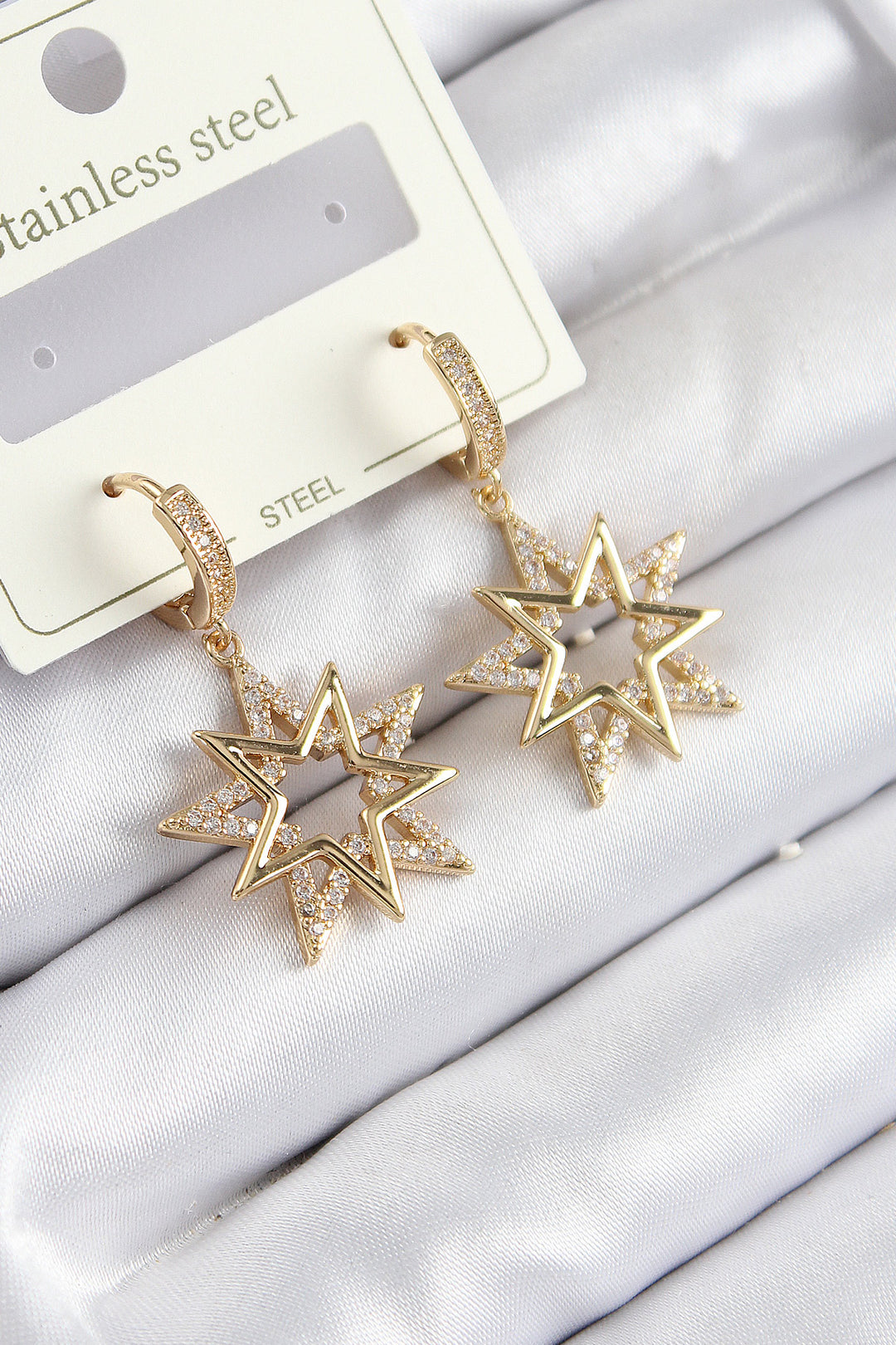 EBJ 316L Stainless Steel Zircon Stone Dangling Star Model Gold Color Women's Earrings - Castelo Branco