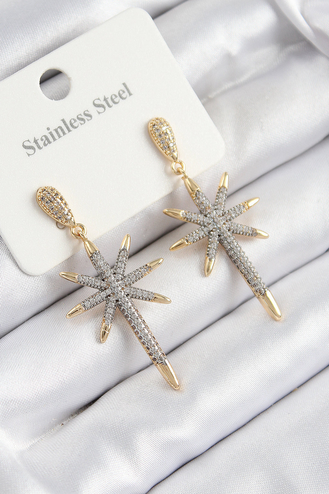 EBJ 316L Stainless Steel Compass Star Model Earrings with Zircon Stone in Gold and Silver Colors for Women - Carmel