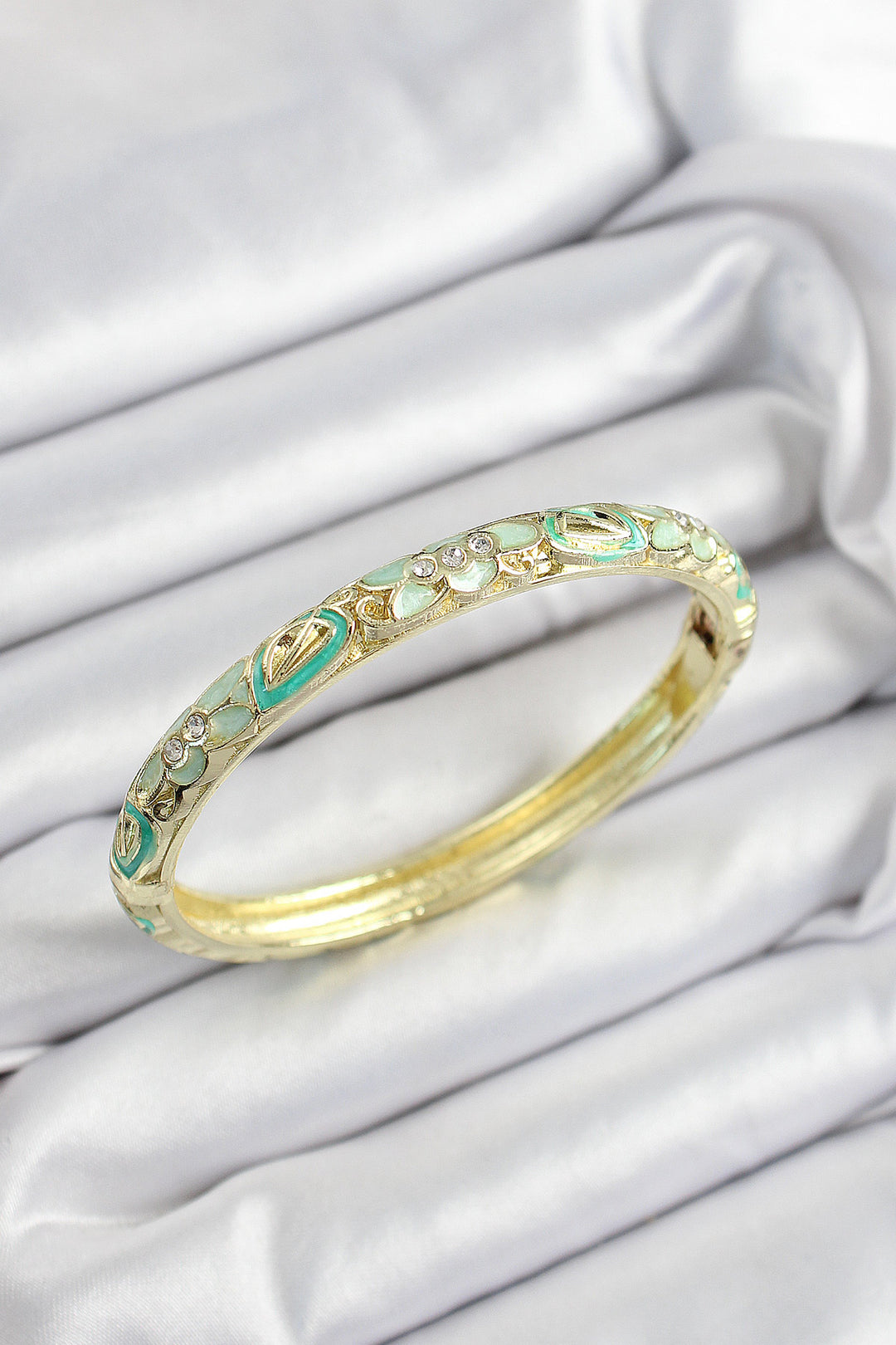 EBJ Enamel Rice Zircon Stone Green Flower Motif Gold Color Women's Cuff - Mechanicsville