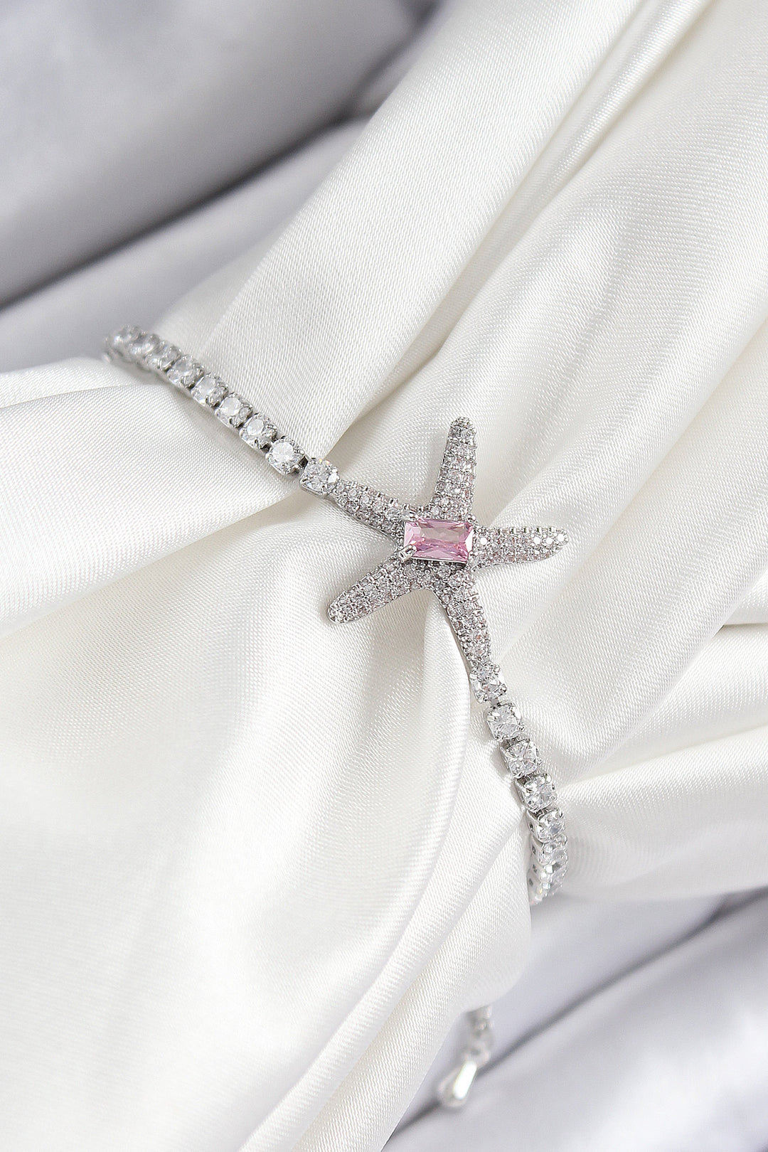 EBJ Rice Pink Zircon Stone Starfish Model Silver Color Adjustable Women's Bracelet - Maple Grove