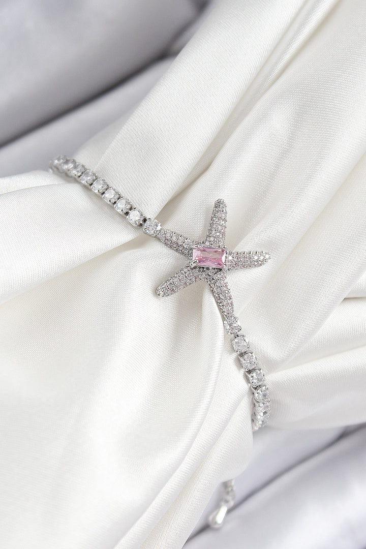 EBJ Rice Pink Zircon Stone Starfish Model Silver Color Adjustable Women's Bracelet - Maple Grove