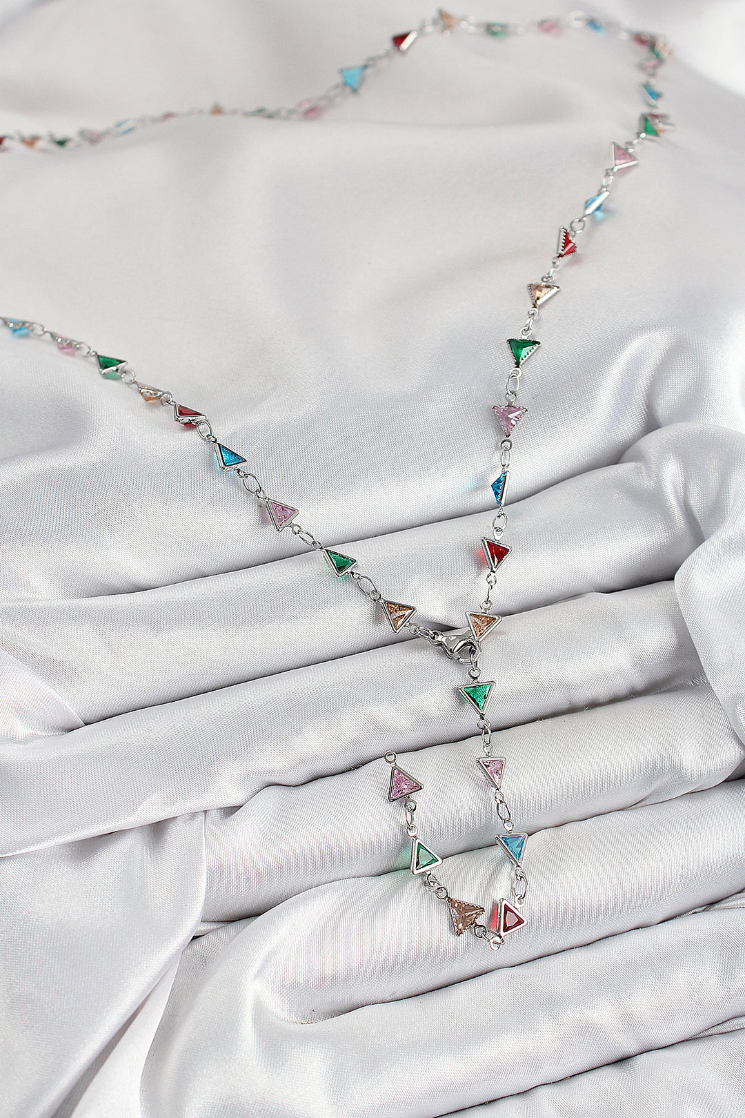 EBJ Triangle Model Silver Color Women's Y Necklace with Rice Colored Zircon Stone - Hayward