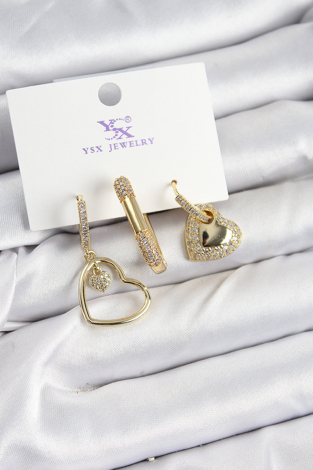 EBJ Rice Zircon Stone Heart Model Gold Color 3-Piece Women's Earring - Nettuno