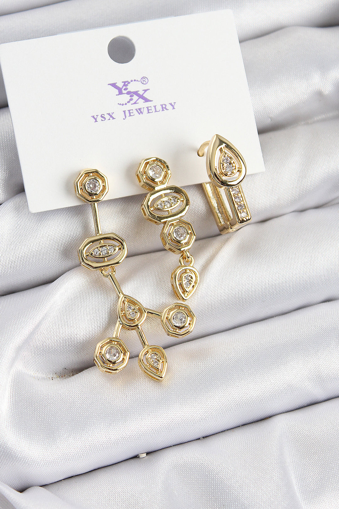 EBJ Rice Zircon Stone Geometric Model Gold Color 3-Piece Women's Earring - Martigues