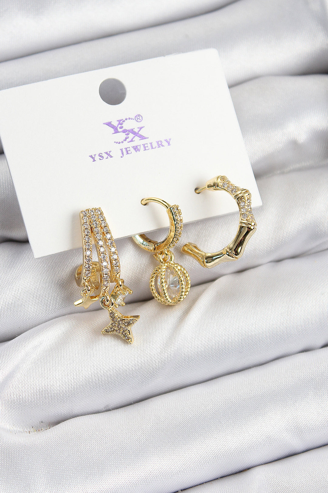 EBJ Rice Zircon Stone Dangling Star Model Gold Color 3-Piece Women's Earring - Chernivtsi