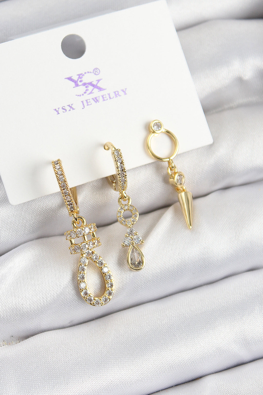 EBJ Rice Zircon Stone Dangling Model Gold Color 3-Piece Women's Earring - Nola