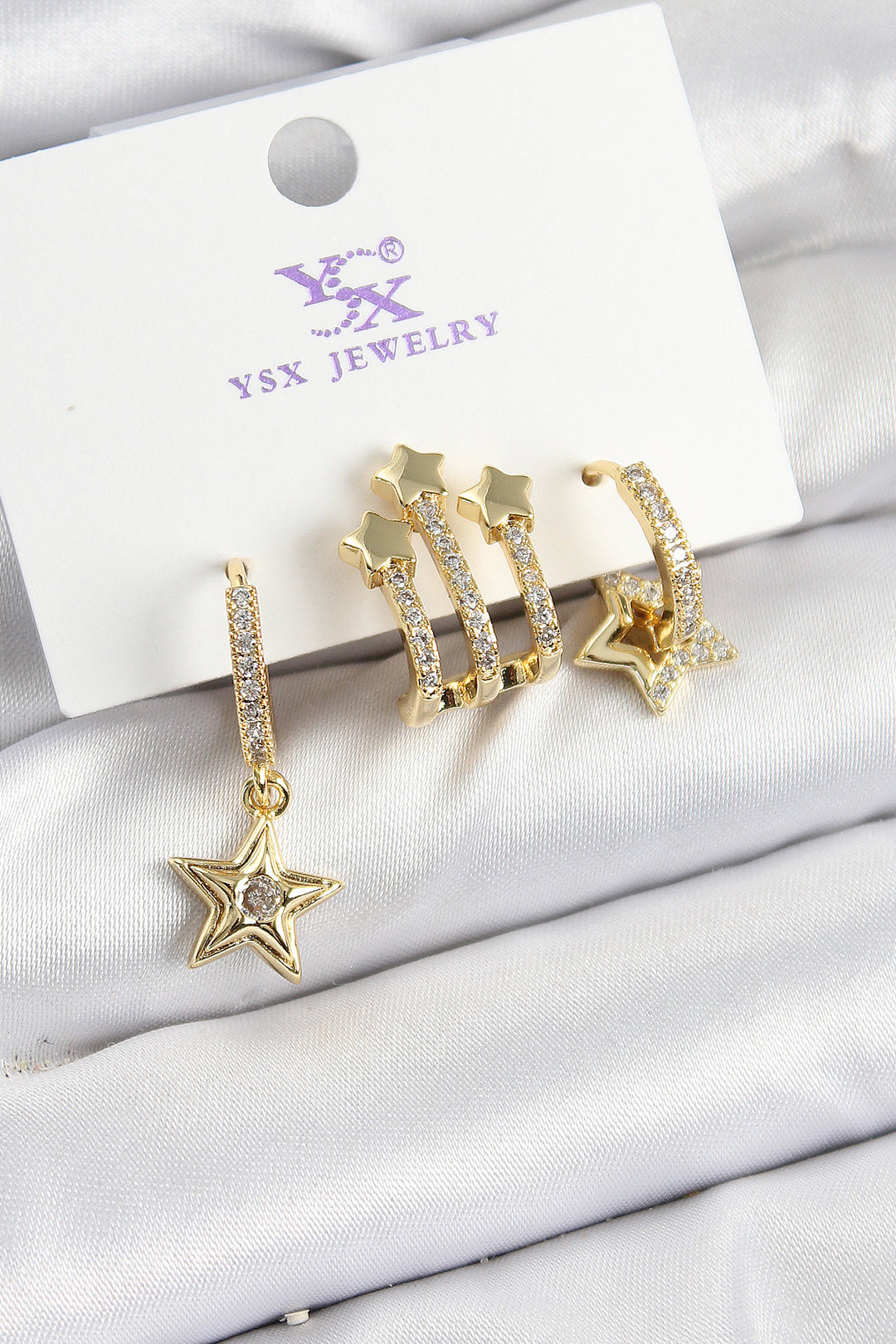 EBJ Rice Zircon Stone Dangling Star Model Gold Color 3-Piece Women's Earrings - Borgerhout