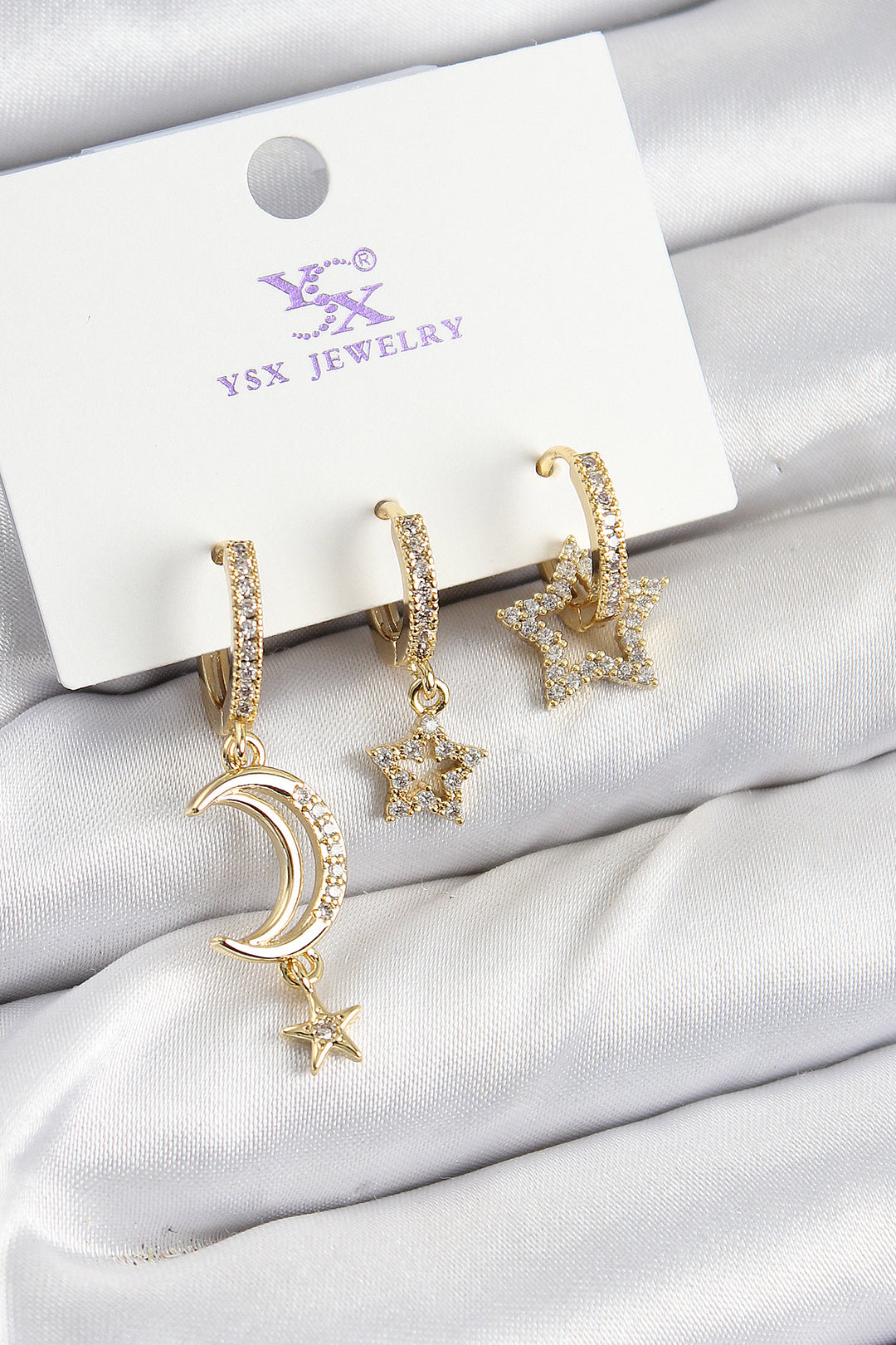 EBJ Rice Zircon Stone Crescent and Star Model Gold Color 3-Piece Women's Earrings - Perth