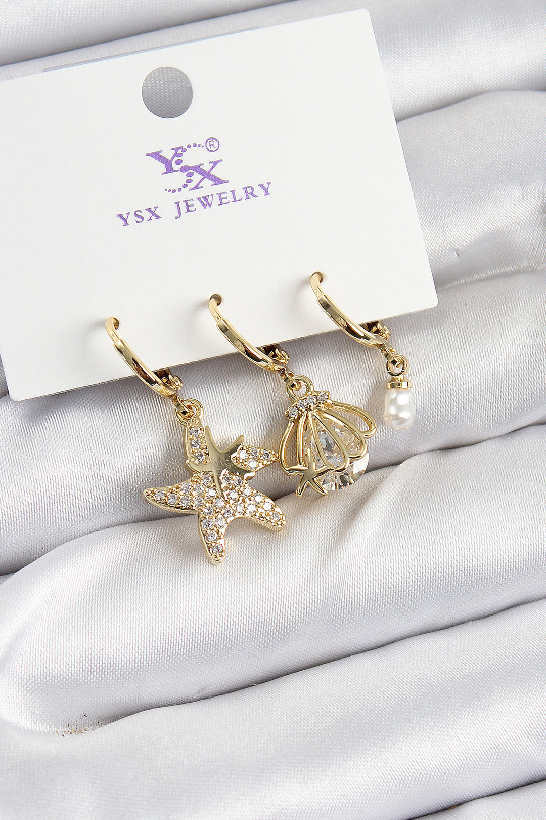 EBJ Rice Zircon Stone Starfish and Oyster Model Gold Color 3-Piece Women's Earring - Vitoria-Gasteiz