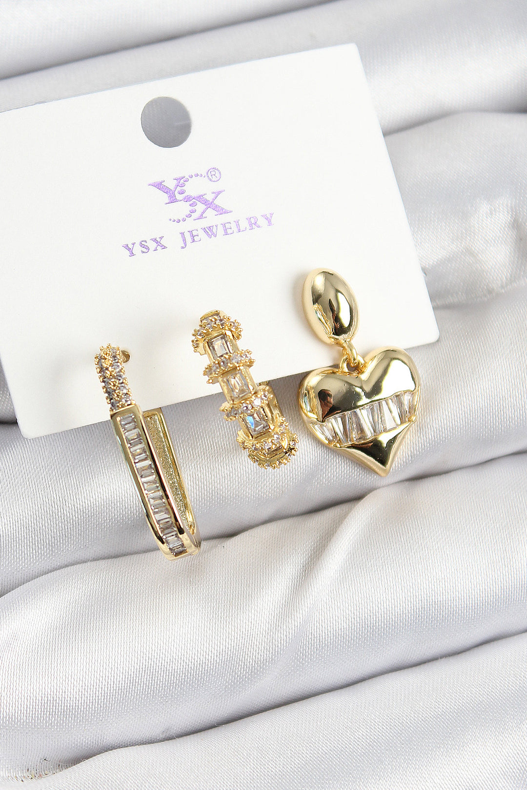 EBJ Rice Zircon Stone Heart Model Gold Color 3-Piece Women's Earring - Mazarrón