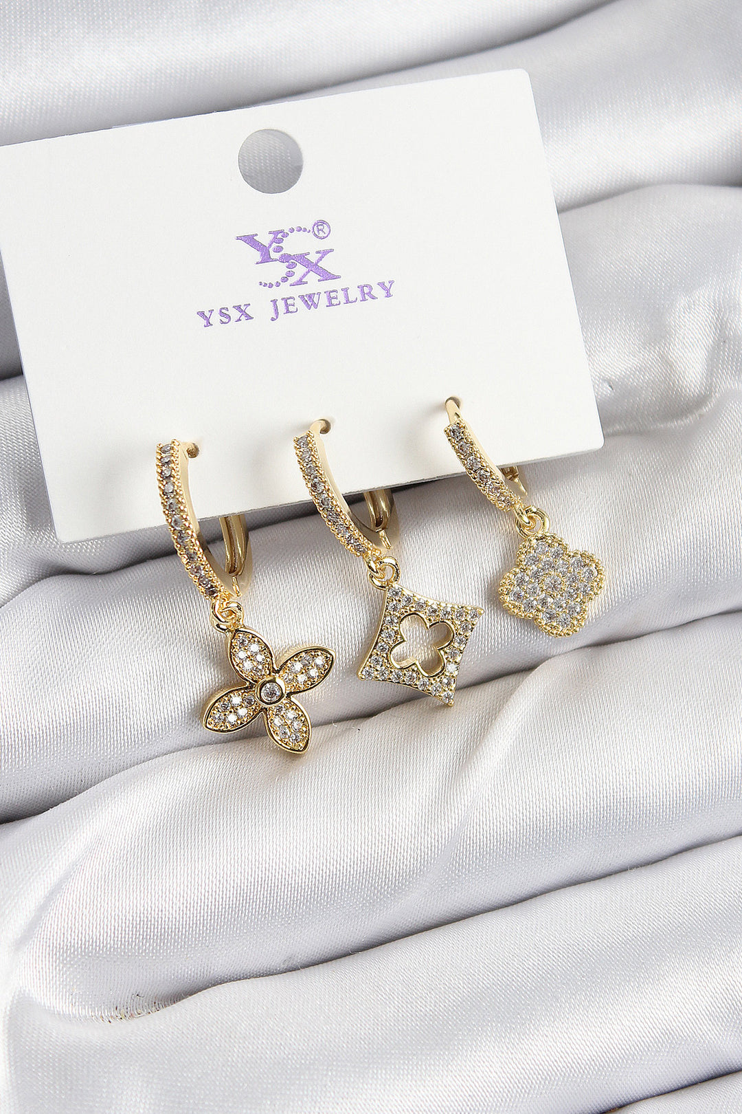 EBJ Rice Zircon Stone Clover Model Gold Color 3-Piece Women's Earring - Aldershot