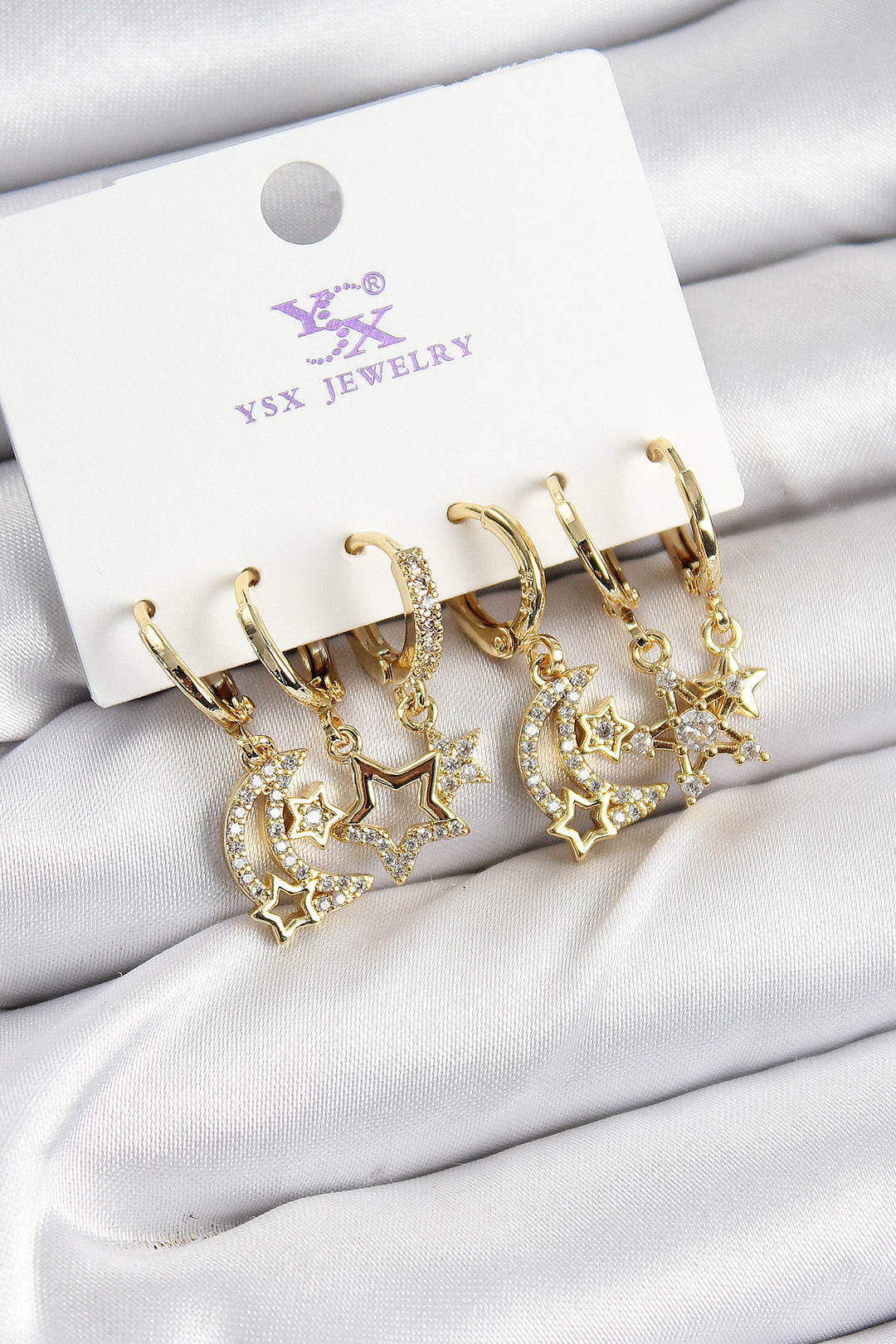 EBJ Rice Zircon Stone Moon and Star Model Gold Color 3-Piece Pair of Women's Earrings - Scranton