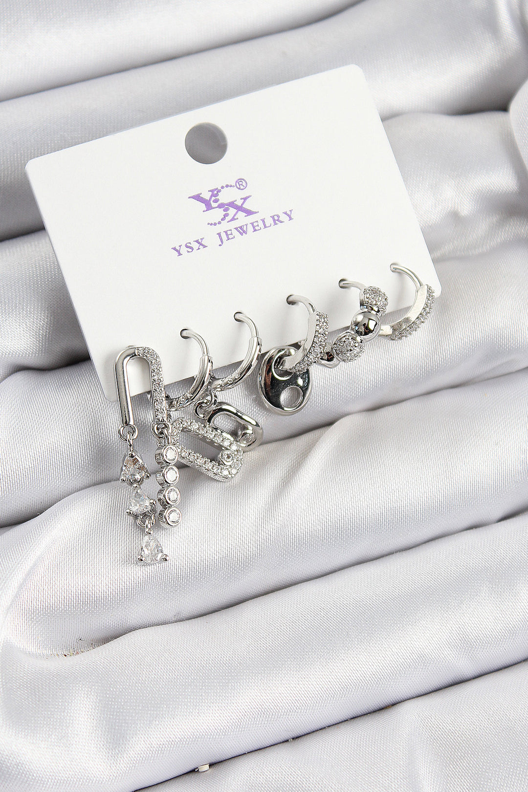 EBJ Rice Zircon Stone Rectangular Model Silver Color 3-Piece Double Women's Earring - Fredericksburg