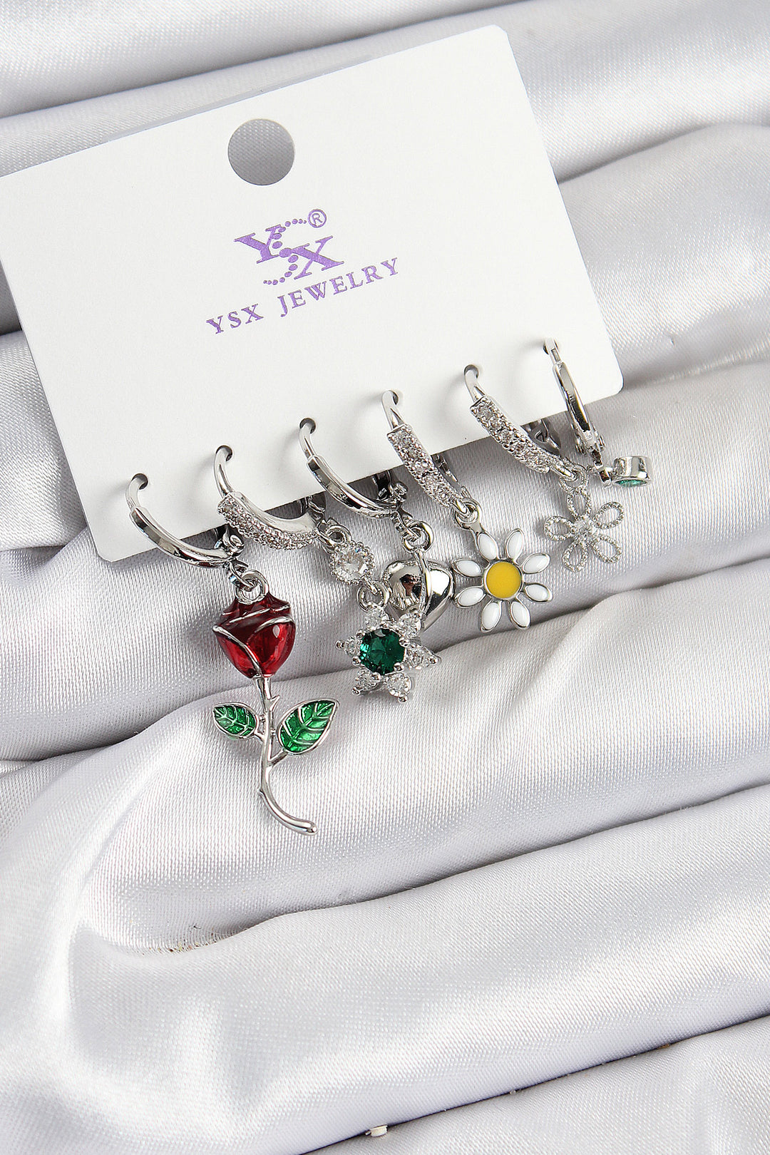 EBJ Rice Zircon Stone Rose and Daisy Model Silver Color 3-Piece Pair of Women's Earrings - Faro