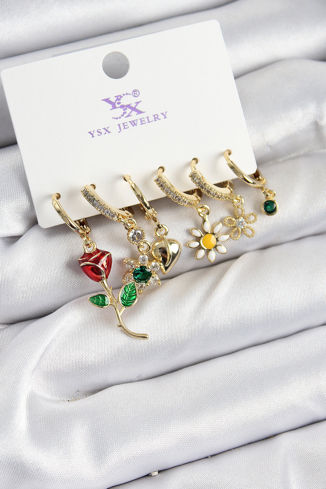 EBJ Rice Zircon Stone Rose and Daisy Model Gold Color 3-Piece Pair of Women's Earrings - Wetzlar