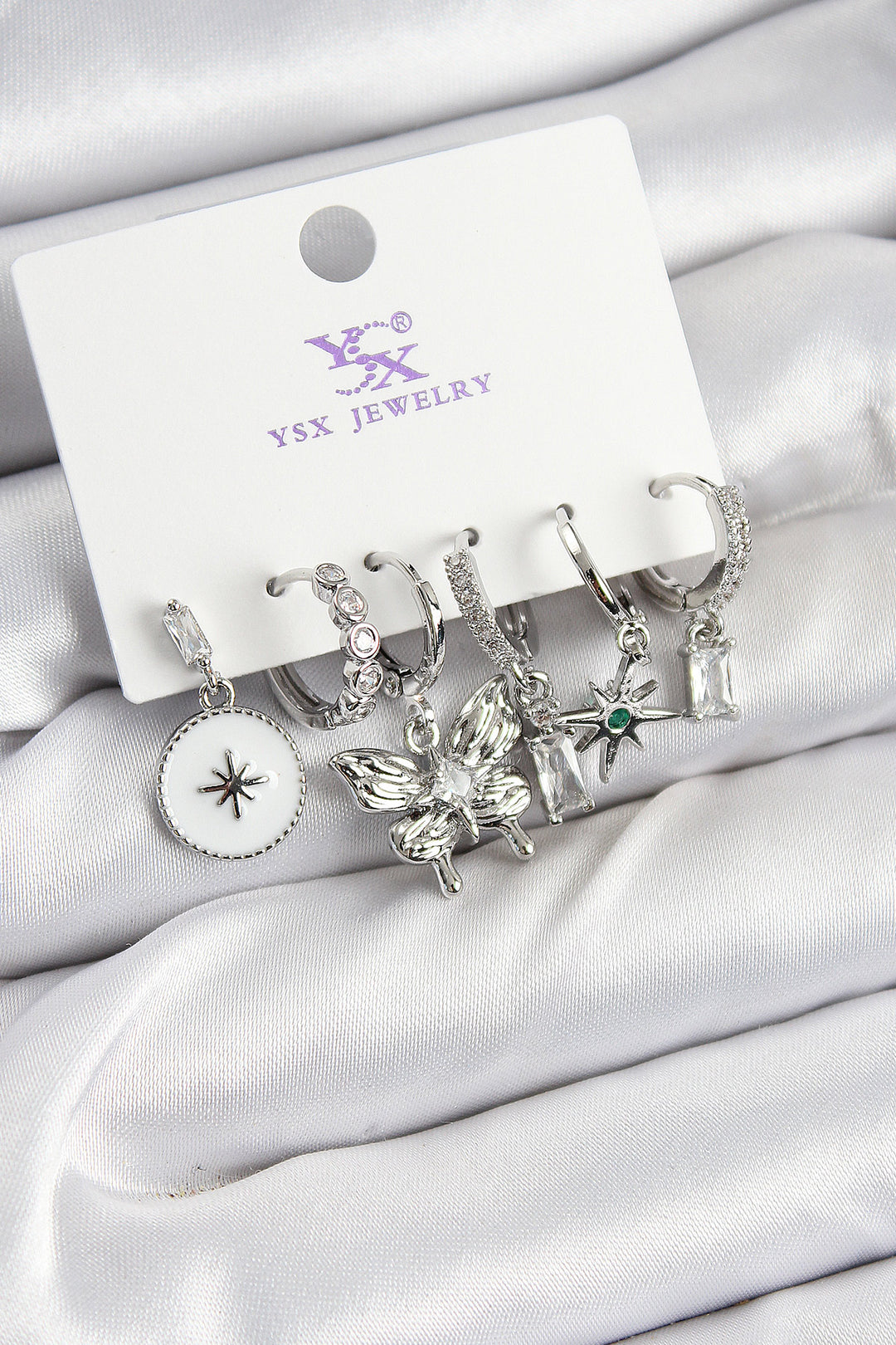 EBJ Rice Zircon Stone Butterfly and Star Model Silver Color 3-Piece Pair of Women's Earrings - Owings Mills