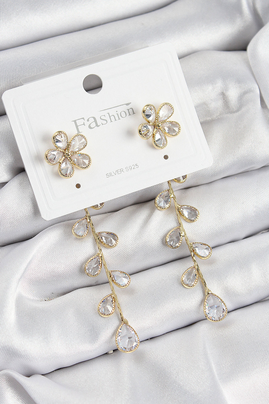 EBJ Rice Zircon Stone Dangling Flower Model Gold Color 925 Sterling Silver Stud Women's Earrings - Stockport