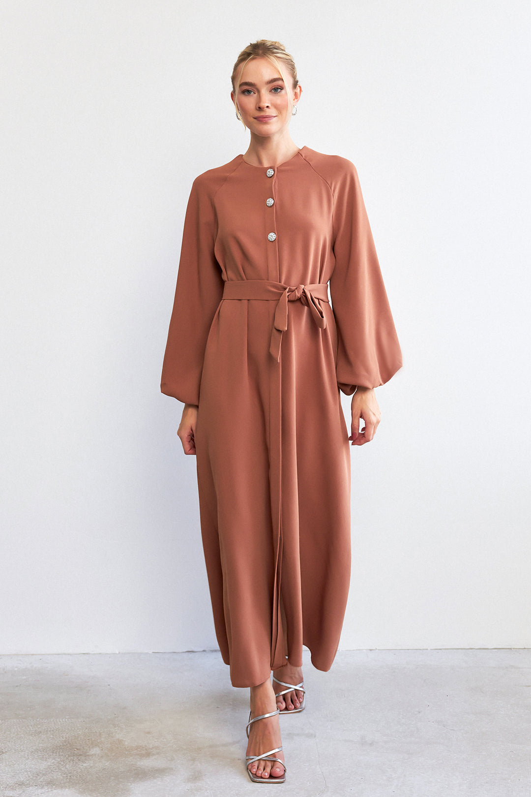 ZRF Women Balloon Sleeve Buttoned Abaya Dress - Camel - West Haven
