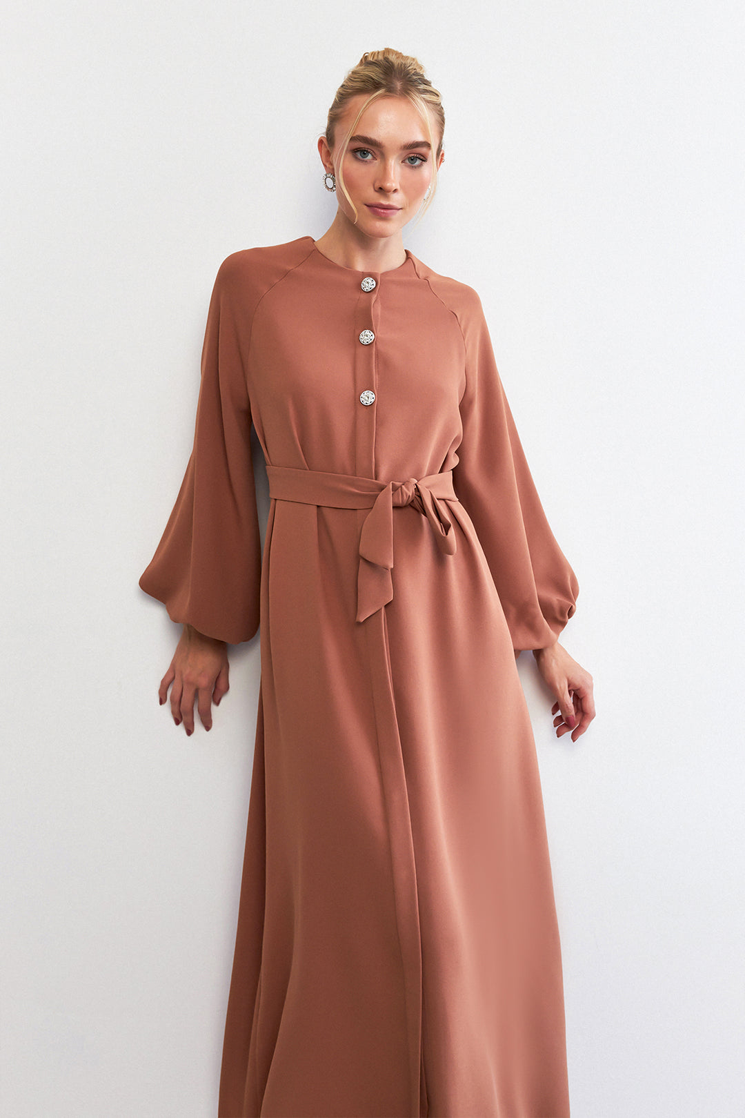 ZRF Women Balloon Sleeve Buttoned Abaya Dress - Camel - West Haven